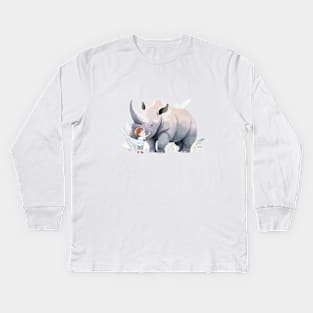 Cute Rhinoceros Animal Loving Cuddle Embrace Children Kid Tenderness Kids Long Sleeve T-Shirt